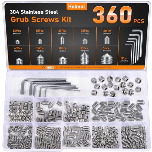 HOLMOL 360PCS Grub Screws Assorted Set for Door Handles with M3/M4/M5/M6/M8 Allen Keys, 304 Stainless Steel Grub Screw with Cone Point & Hex Head, Assorted Door Handle Screws for Repairs