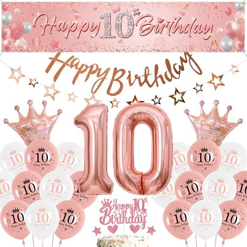 Luftballon 10. Geburtstag Roségold Mädchen - Großes Happy 10th Birthday Banner Hintergrund und Sternen Girlande, Riesen Folienballon Zahl 10 mit Tortendeko für 10 Jahre Kindergeburtstag Party