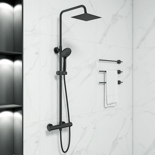 Biubiubath Black Thermostatic Shower Mixer Set | Dual Heads with 8 Rainfall Shower | Wall Mounted Round Bar Mixer Shower Chrome Finish | Adjustable Sliding Riser Rail Kit
