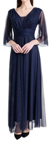 Abito lungo elegante donna da cerimonia maniche a 3/4 e scollo a V.Taglia unica regolabile. Ideale per matrimoni, eventi e feste. – Made in Italy (IT, Testo, L, XL, Regular, Regular, Blu scuro)