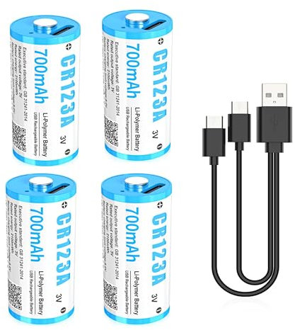 Lot de 4 piles au lithium CR123A 3 V rechargeables par USB, jusqu'à 3000 cycles avec port de charge USB-C, charge rapide en 2 heures, batterie 123 A 700 mAh pour serrure de porte, empreintes digitales