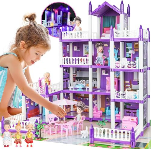 Puppenhaus für Mädchen, 4-5 Jahre alt Prinzessin Puppenhäuser, 4 Geschichten 14 Zimmer Kleinkind Puppenhaus mit 4 Puppen Möbel Zubehör, Spielhaus Spielzeug Geschenk für Kinder Alter 3+