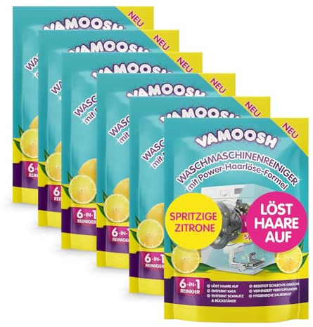 Vamoosh 6-in-1 Waschmaschinenreiniger & Entkalker, entfernt Haare, Kalk & Gerüche, hygienische Tiefenreinigung mit Zitronenduft, 6 Anwendungen