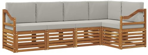 vidaXL Sofagarnituren 5 pcs Natürlich und Hellgrau Massivholz Akazie, Garten-Sofa, modernes Outdoor-Möbel, robuster Lounge-Satz, Bequeme Terrasse-Sitzmöbel für Dein Zuhause