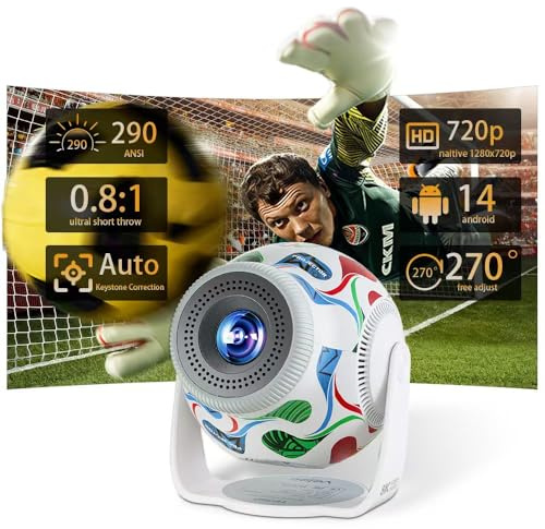 2026 Football Edition Mini Projector,Supports up to 8K & 290ANSI Smart Portable Projector for Home Bedroom Outdoor,Auto Vertical Keystone 270°Rotatable with WiFi 6 and Bluetooth 5.4