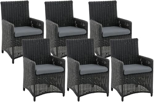 CLP Gartenstuhl 6er Set Fontana, Polyrattan Gartenstühle, Hochlehner mit Sitzkissen, Wetterfeste Garten-Sessel mit Armlehnen, Outdoor Stuhlset, Farbe:schwarz, Polsterfarbe:Eisengrau