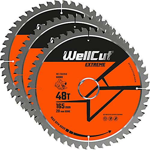 TCT Lot de 3 lames de scie 165 mm x 48 dents x 20 mm alésage pour DCS391, HD18CS, M18CS55, GKS18, WELLCUT
