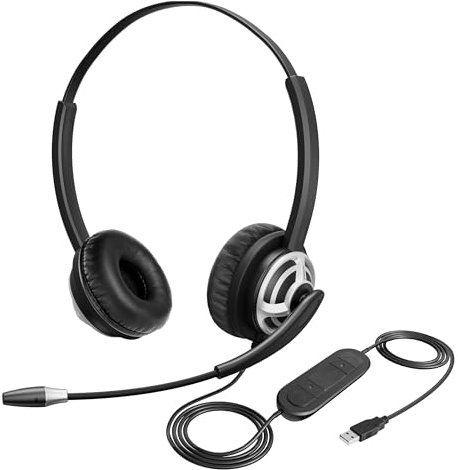 MKJ USB Headset with Microphone, Computer Headset for Call Center & Home Office, Noise Canceling Wired Headphone for PC Laptop Teams Zoom Jabber Conference Calls Online Teaching