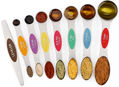 Magnetic Measuring Spoons Set of 8 Dual Sided Stainless Steel for Dry and Liquid Ingredients Teaspoon and Tablespoon Metal Measure Spoon