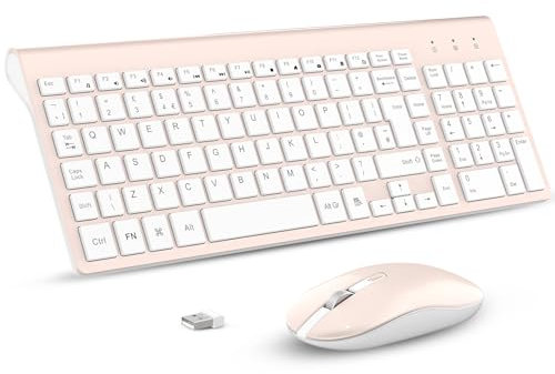 Wireless Keyboard Mouse Combo, cimetech Compact Full Size Wireless Keyboard and Mouse Set 2.4G Ultra-Thin Sleek Design for Windows, Computer, Desktop, PC, Notebook, Laptop(QWERTY UK Layout)PINK