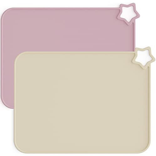 Moonkie 2PC Baby Silikon Platzset Abwaschbar, Platzdeckchen, rutschfest Tischset Kinder, Kinder Platzset, Schmutzabweisend, Tragbar, für Kinder und Kleinkinder (Blassmauve/Streifsand)
