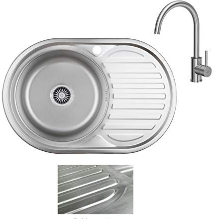 VBChome Einbauspüle mit Armatur 77x50 Satinstruktur ab 45er Unterschrank Edelstahl Küchenspüle Spüle Ablagefläche Abtropffläche Rechts eckiges Camping Ablaufgarnitur Siphon Wasserhahn Inox Edelstahl