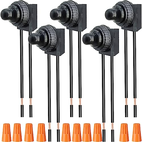 Youmile - Interruptor de botón pulsador impermeable de 5 piezas, interruptor SPST de encendido/apagado de 12 V, interruptor de luz de encendido y apagado con cable con tapas de cableado (negro)