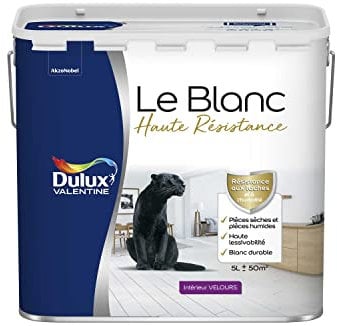 Dulux Valentine Le Blanc Haute Resistance - Peinture Intérieure Murs, Plafonds et Boiseries - Pièces sèches et humides - Velours Blanc 5 L