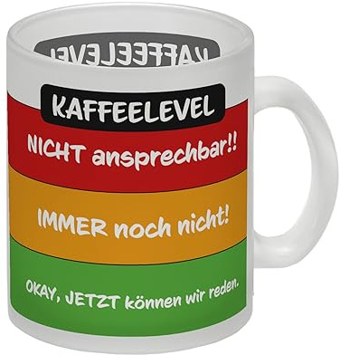 Kaffeelevel nicht ansprechbar Glas Tasse mit verschiedenen Gemütslagen als lustige Geschenkidee für Morgenmuffel und Kollegen, die ohne Kaffee nicht ansprechbar sind und für