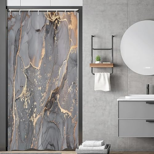 ASDCXZ Cortina de Ducha Mármol Gris Dorado 120x180 cm, Moderno Abstracto Gris Dorado Negro Mármol Lavable Cortinas de Ducha Textil Impermeable Cortina de Ducha con 8 Ganchos