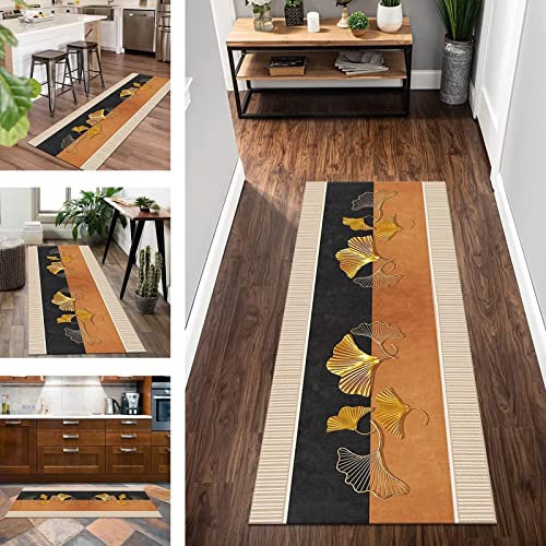 Teppich Läufer Flur rutschfest Küchenläufer Dunkelgrau Orange 3D Korridor Teppichläufer Waschbar 40X140CM Modern Lang Flurläufer Teppich für Schlafzimmer Kinderzimmer Wohnzimmer Meterware Küchematten