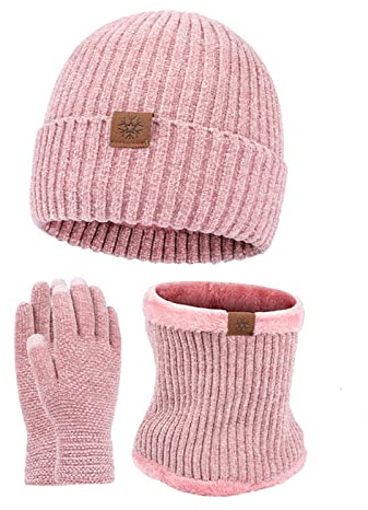 Mutze Schal Set Damen Rosa, Strickmütze Wintermütze Schal Set Beanie Gestrickt Fleece Bommel Touchscreen Handschuhe Set Winterschal Kombi Set Loop Grobstrick Schal Damen Geschenk Winterzubehör