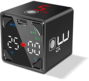 Ticktime Pomodoro Cube Timer Würfel, Pause & Fortsetzen, Stumm, Vibration & Einstellbarer Alarm, für Arbeit, Büro, ADHS, Studium, Aufgaben, 1/3/5/10/15/25/45/60min & Individueller Countdown, Schwarz