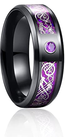 YAHOYA 8mm Männer Schwarz Rot Edelstahl Ring Wikinger Drache und Blau Zirkonia Inlay Ring Hochzeit Schmuck für Frauen Männer