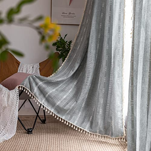 Nyescasa Boho Vorhänge Landhausstil Baumwolle Leinen Quaste Gardinen Grau Vintage Bestickte Vorhänge mit Ösen Lichtdurchlässig Vorhänge für Wohnzimmer Schlafzimmer Dekoschal 2 Stück 140x140cm(H×B)