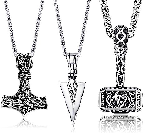 Diamday 3Stück Herren Halskette Viking Edelstahl Thors Hammer Speerspitze Dreieck Pfeilspitze Mjolnir Anhänger Halskette Amulett Halskette Vintage Wikinger Schmuck für Herren Junge Mit Korbkette A