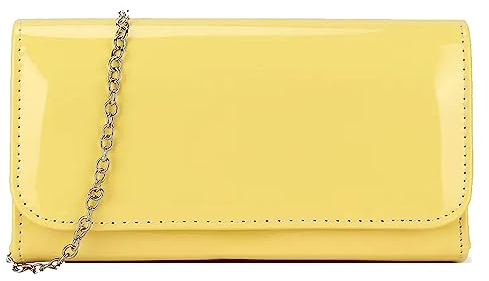 fi9® Pochette da donna in tinta unita, in vernice per matrimoni, feste, balli e serate, Giallo, medium