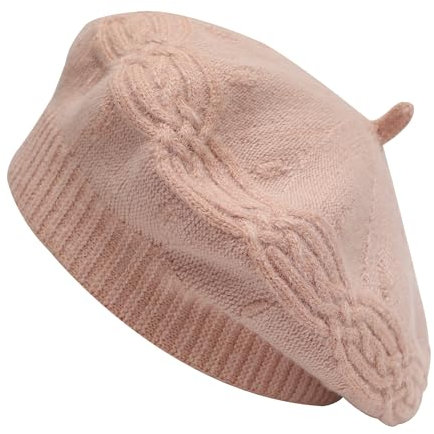 ZLYC Damen Baskenmütze Klassische Französischen Barett Einfarbig Warm Beret(Kabelstrick Rosa)