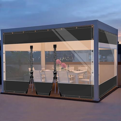 SDLLG Transparent Pavillonplane Gartenplane mit Ösen PVC Winddicht Vorhang 0.5mm Wasserdichter Plane Trennvorhang für Draussen Terrassen Garten Balkon 2x2.6m(HxL) Schwarz mit 2 Reißverschlüsse