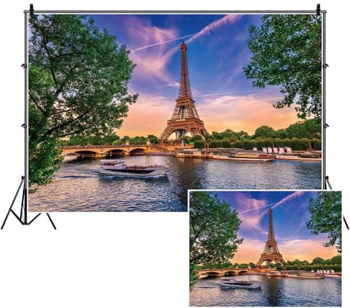 SDOTPMT 5x3ft The Eiffel Tower Polyester Backdrop Paris Cityscape The Seine Sunshine Bridge Lake Outdoor Vacation Theme Photography Background Honeymoon Travel Wedding Decor Studio Prop
