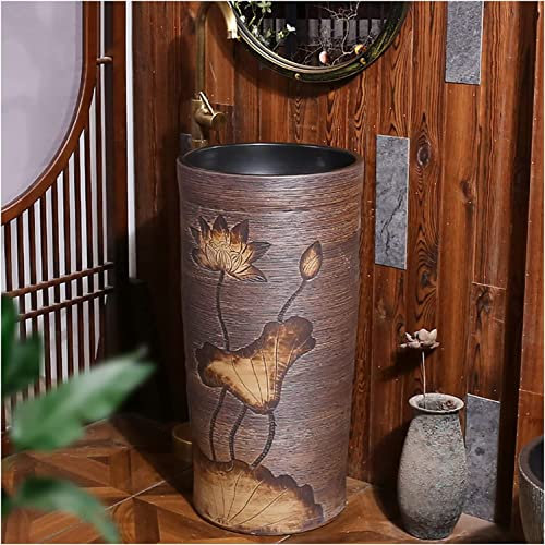 Lavabo da Bagno Art con Colonna Completa, lavabo in Ceramica Lavabo su Colonna Lavandino Indipendente con Scarico e Rubinetto (E con Specchio)