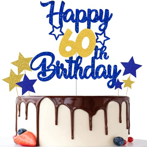 Gidobo 60th Birthday Cake Toppers, Blue Gold Glittery Cake Decorations with Stars, Sixty Years Old Birthday Party Supplies for Men and Women