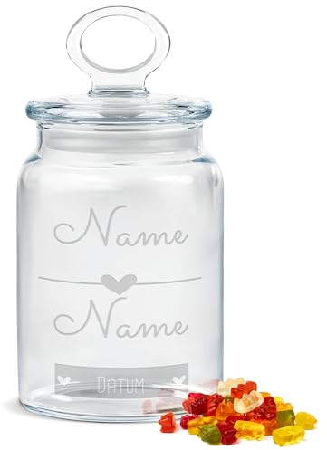 PR Print Royal Personalisierte Keksdose aus Glas mit Gravur - 800 ml - Linie mit Herz mit Namen und Datum als Geschenk für Frauen zum Jahrestag | Personalisiertes Geschenk Ideen Jahrestag