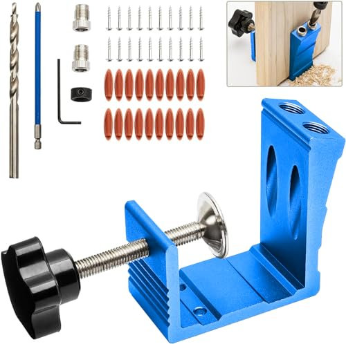 Pocket Hole Jig Kit with 15 Degree Drill Guide Joint Screw Kit for Carpentry Adjustable Dowel Drill Joinery Screw All-in-One DIY Woodworking Punch Locator Set