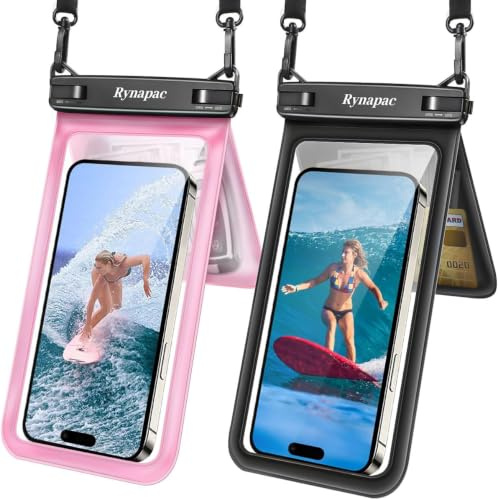 Rynapac IPX8 wasserdichte Handyhülle 2 Stück, bis zu 7,5 Zoll, Schwarz&Rosa | Doppeltes Taschen, Hochsensibler Touch, mit Umhängeband, Wasserfeste Handytasche für iPhone 18 17 16 Pro Max Strand Schwimmen