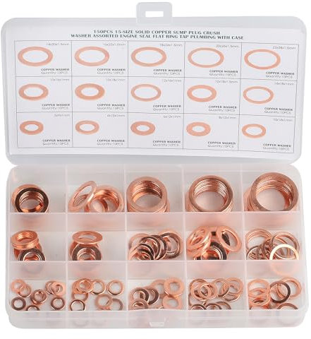 150 Pcs Copper Washers Assorted, Flat Washers Kit, 15 Sizes Sealing Ring Assortment Set, Plain with Storage Box(M5 M6 M8 M10 M12 M14 M16 M18 M20 M22