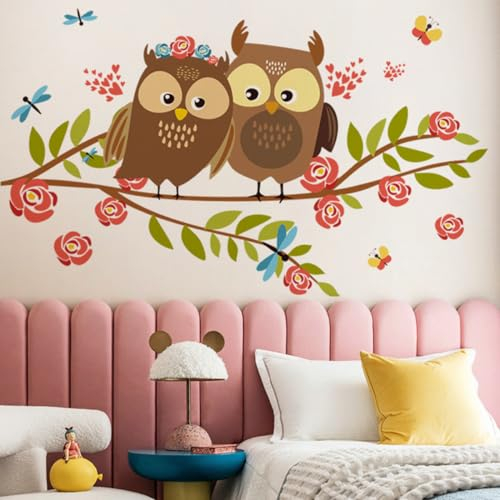 Wand Deko Wandtattoo Waldtiere - Eule Bäume Ast Wandsticker Blumen Wandaufkleber Schlafzimmer Wanddeko für Wohnzimmer Flur 0512