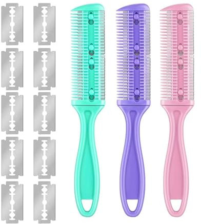 Okaywork Kit de Peine para Adelgazar el Cabello de 3 Piezas, Peine de Afeitar y Corte Profesional, Cortador de Pelo de Doble Cara Recortador de Plástico con Navaja, 10 Cuchilla del Acero Inoxidable