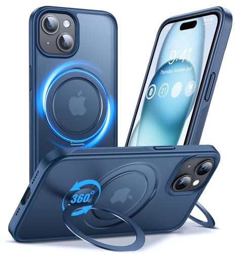 Anqrp 360° ALL-in-ONE Stand Case for iPhone 15 Case with Rotatable Magnetic KickStand Ring Holder, Compatible with MagSafe, Shockproof Translucent Matte Phone Cover for iPhone 15, Blue