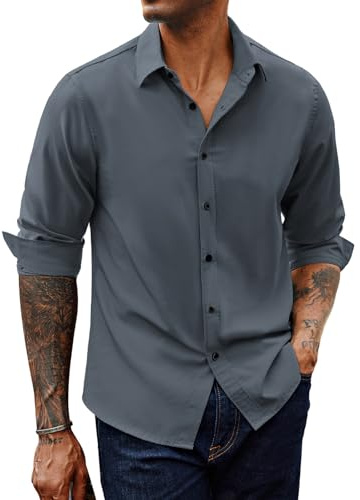 PJ PAUL JONES Herren Hemd Langarm Business Hemden Regular Fit Stretch Freizeithemden für Männer (Blau-Grau, XL)