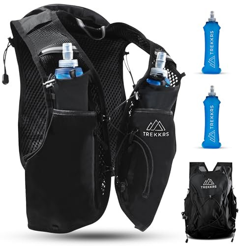 Running Vest with Water Bottles, 5L Capacity, Waterproof Front Pockets for Smartphone, Running Hydration Vest, Adjustable Straps and Walking Pole Holder