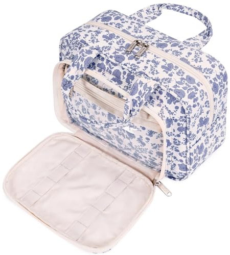 Kulturtasche Damen Gross & Kosmetiktasche Groß, Waschtasche Damen Make up Tasche für Herren & Volle Größe Kulturbeutel für Kinder (Kleine Graublaue Blume)