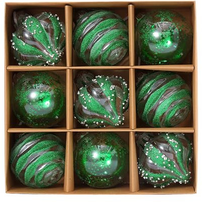 9Pcs Christmas Ball Ornaments Set, Clear Glitter Hanging Decorations, Shatterproof Baubles for Christmas Home Decoration (Green, One Size)