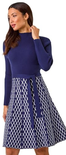 Roman Ribbed Jumper Dress for Women UK with Contrast Panelled Skirt Ladies Everyday Autumn Winter High Neckline Comfy Soft Evening Vacation Work Party Night Out - Navy - Size 18