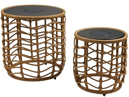 Lumisky 2 x Nerita Leuchttische, solarbetrieben, aus Polyrattan, natürlicher Effekt, 2 Stück