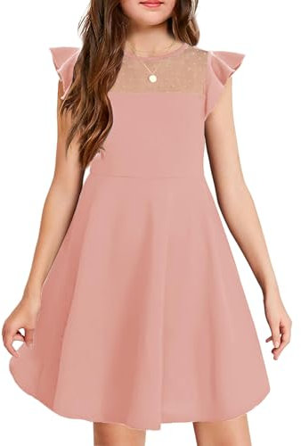 Arshiner Vestito Estivo da Bambina, a Maniche Corte, da Principessa, per Feste, per Bambini, con Scollo Rotondo, Casual, Lungo Fino al Ginocchio, per Feste, per Il Tempo Libero, Rosa 140