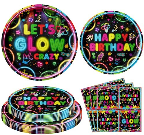 120 Pack Glow Neon Party Supplies Neon Birthday Party Decorations Party Tableware Let’s Glow Birthday Supply Including Plates Napkins for Glow in Dark Theme Parties Supplies Serves 40