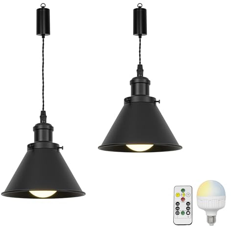 FSLiving Dimmbare Hängelampe mit Batterie Innen,2er-Satz Retro Hängeleuchte Batteriebetriebene Lampe, Pendelleuchte ohne Strom Stromanschluss für Küche Nachttischcafé, Schwarz TB0121