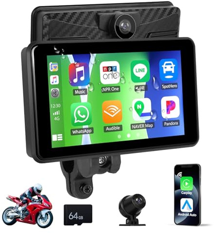 CAMECHO 5 Motorcycle Carplay&Android Auto Carplay Screen with Dashcam Front Rear 2K and HD Rear Camera 64G TF, IPX8 Waterproof Portable Car Stereo for Moto Motorbike, WIFI/Bluetooth/EQ