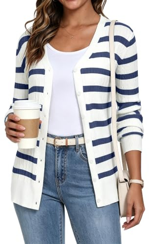 YUNDAI Womens Stripe Cardigan V Neck Long Sleeve Button Down Knit Sweater